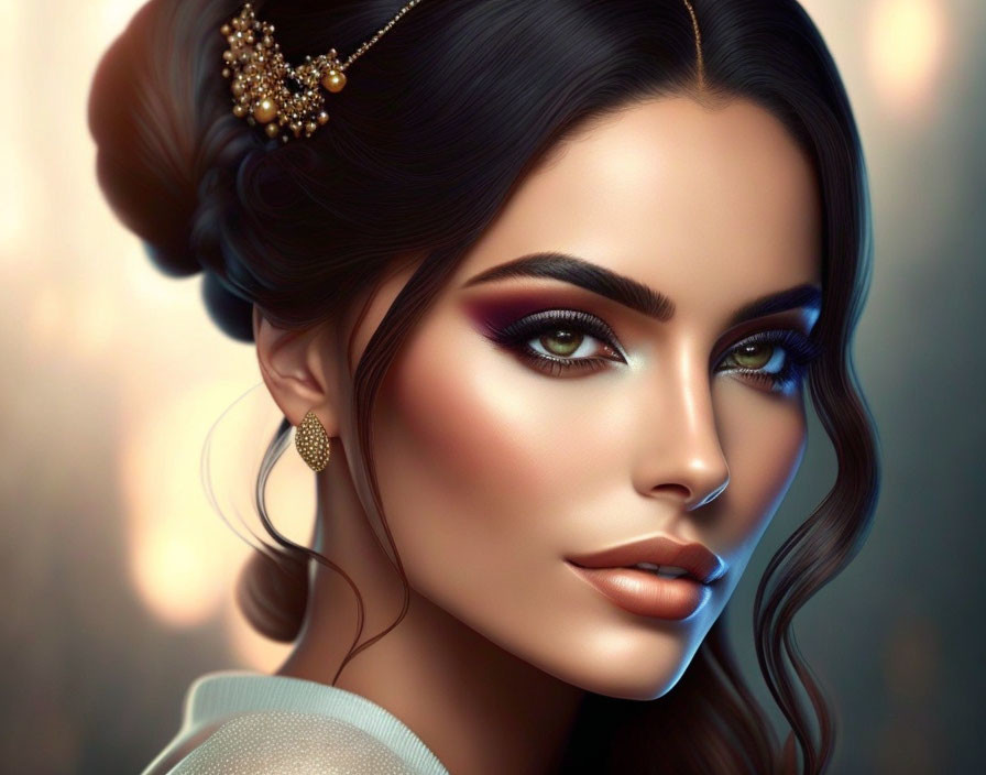 Portrait of a woman with striking eyes, full lips, elegant makeup, jewelry, and sophisticated hairstyle