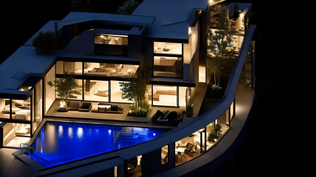 Contemporary Nighttime Photo of Modern House with Illuminated Interiors and Outdoor Pool