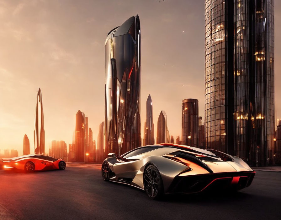Futuristic silver and black sports car in modern cityscape at sunset