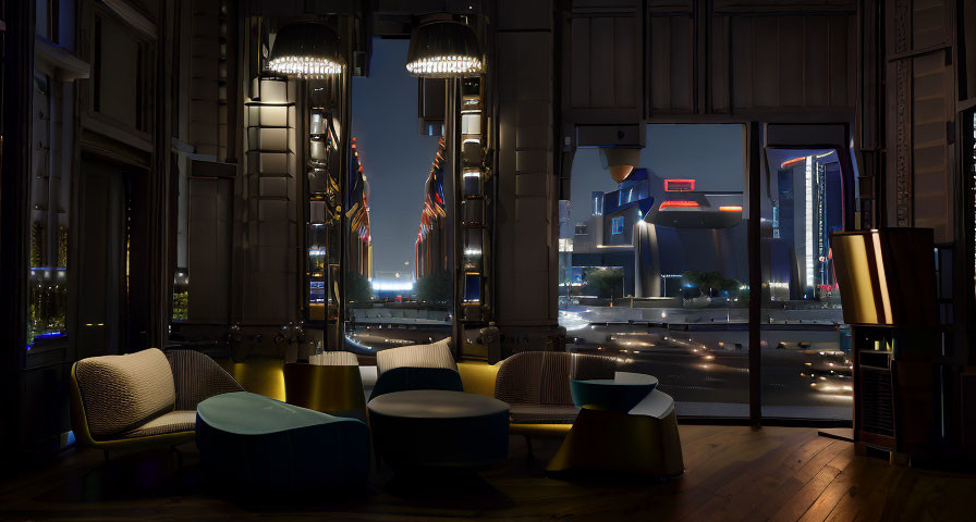 Modern Lounge with Stylish Furniture and Cityscape View at Night