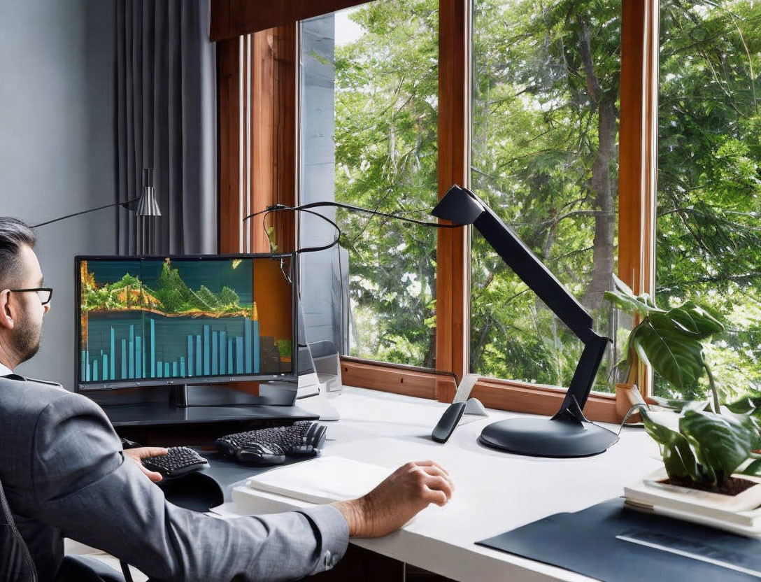 Man working at desk with computer, keyboard, lamp, and plant near window overlooking green forest.