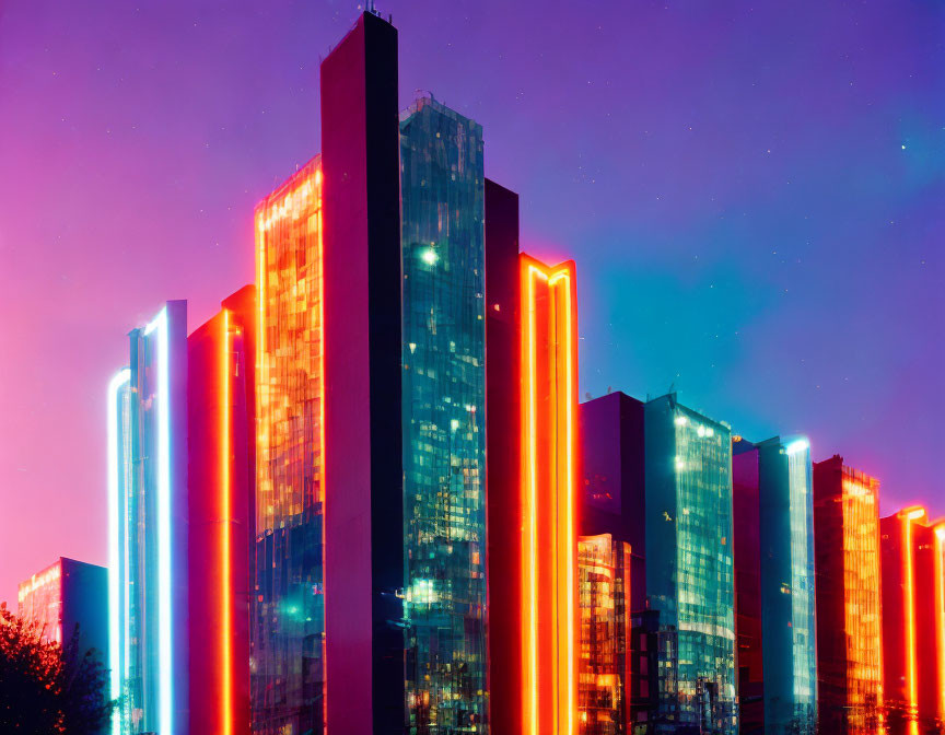 Vibrant Neon-lit Skyscrapers at Twilight
