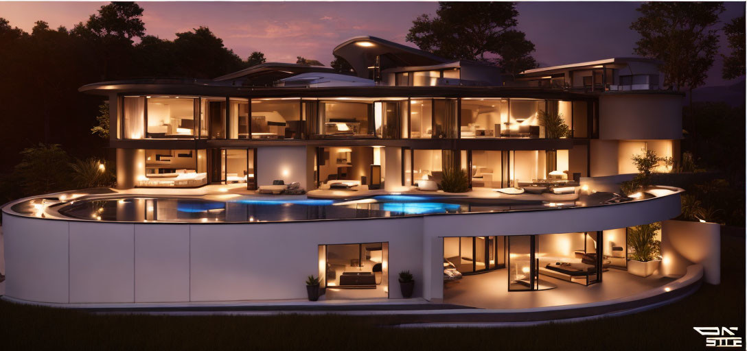 Modern Multi-Story House with Illuminated Interiors, Large Windows, and Outdoor Pool at Dusk