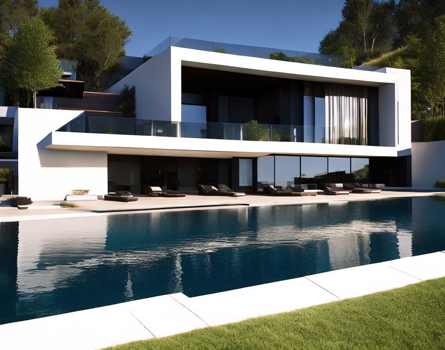 Contemporary two-story house with large windows, balcony, and outdoor pool.