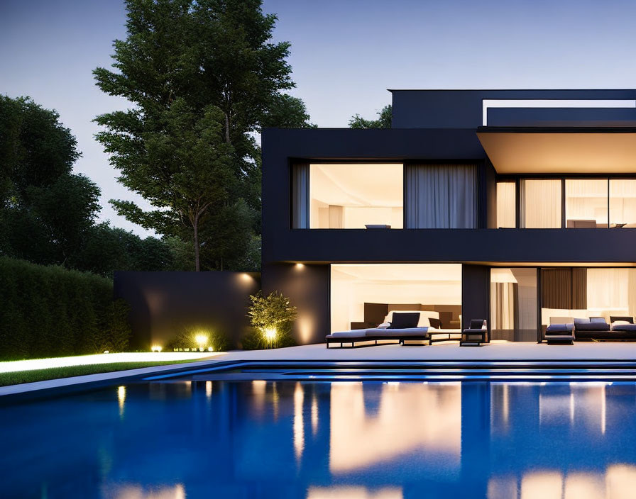 Contemporary House with Large Windows and Illuminated Pool at Dusk