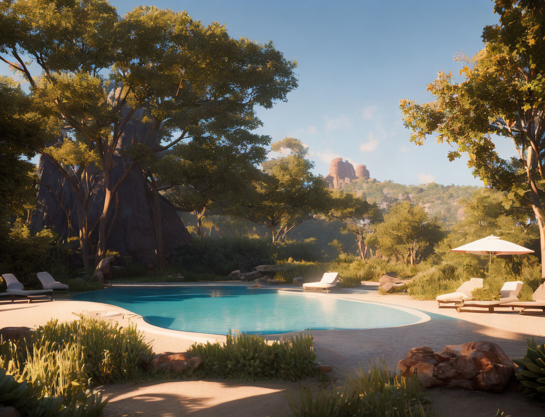 Tranquil poolside scene with lounge chairs, umbrella, lush trees, rocks, and distant rock