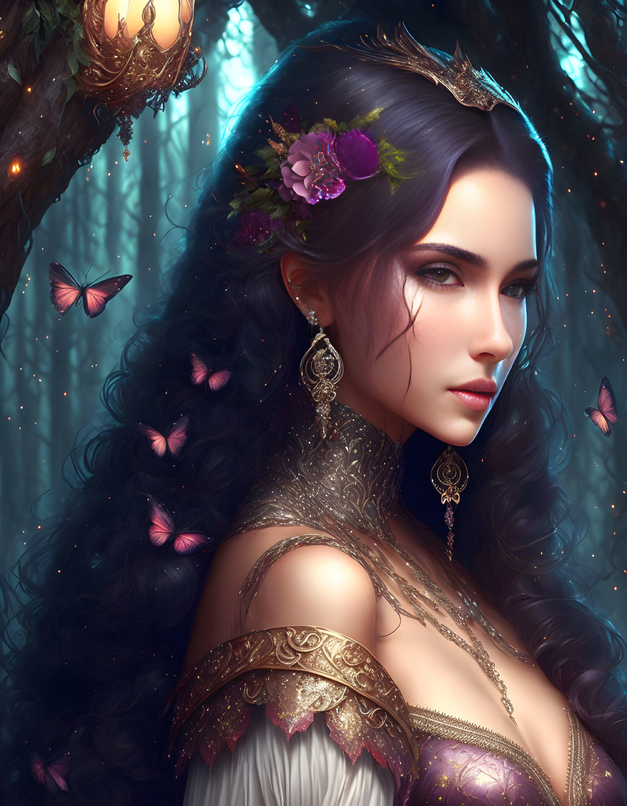 Digital artwork: Woman with black hair, flowers, butterflies, ornate jewelry, mystical forest background
