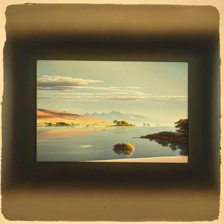 Tranquil landscape painting with serene water, rolling hills, and warm golden sky in dark frame