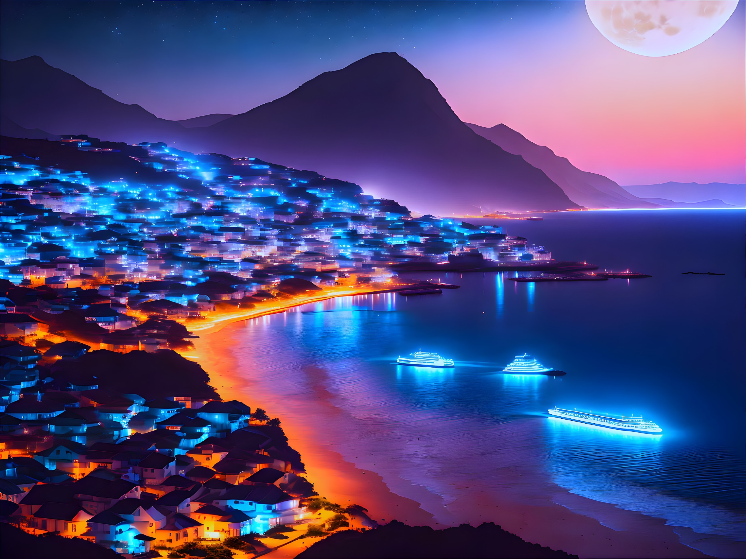 Neon-lit cruise ships in the bay of a seaside city