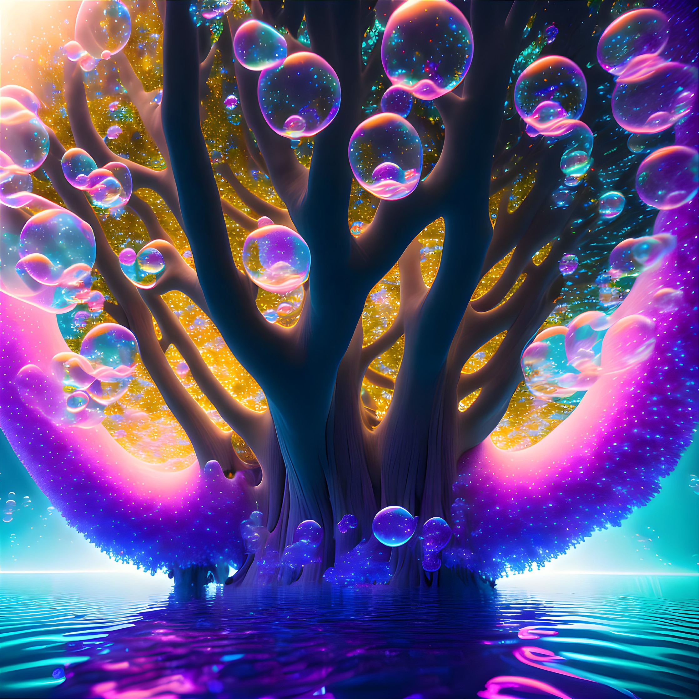 Ascension of souls at the glowing Tree of Life