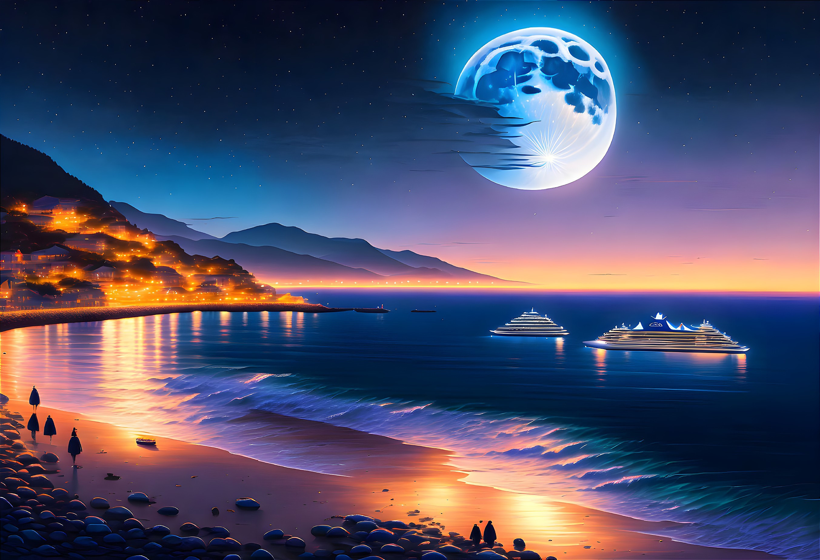Seaside town illuminated by giant azure moon