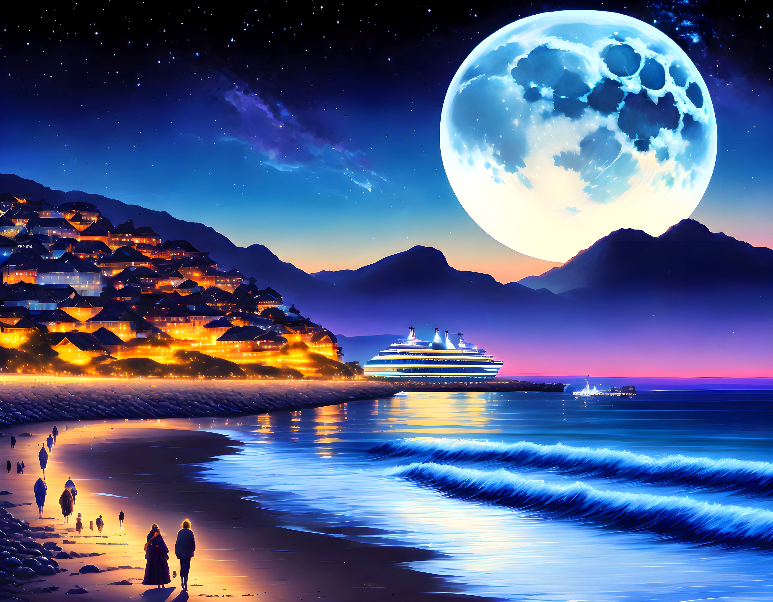 Seaside town illuminated by giant moon
