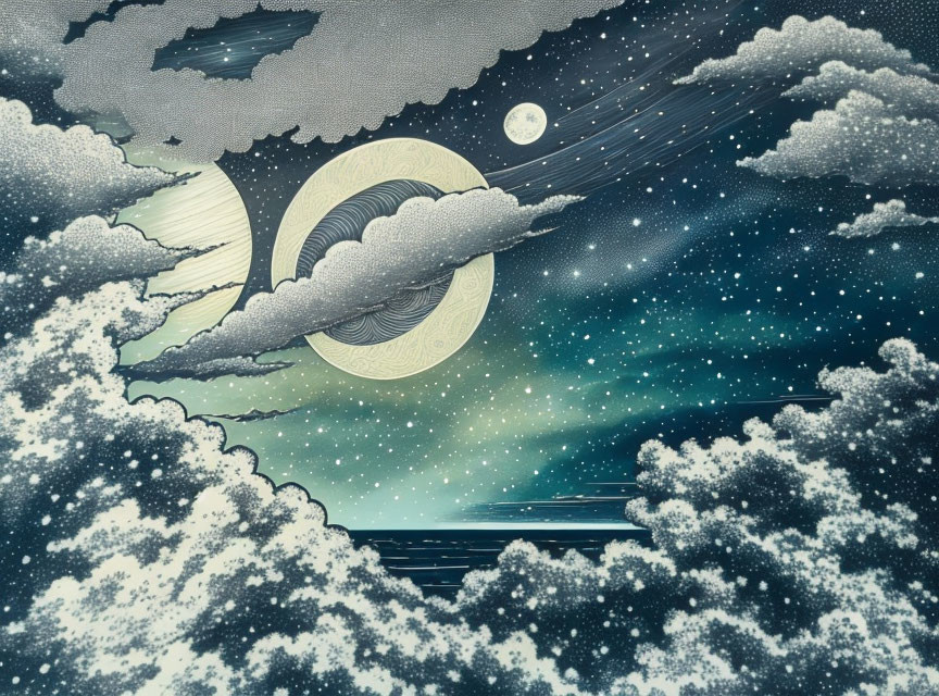 Stylized night sky with crescent moon and swirling clouds.