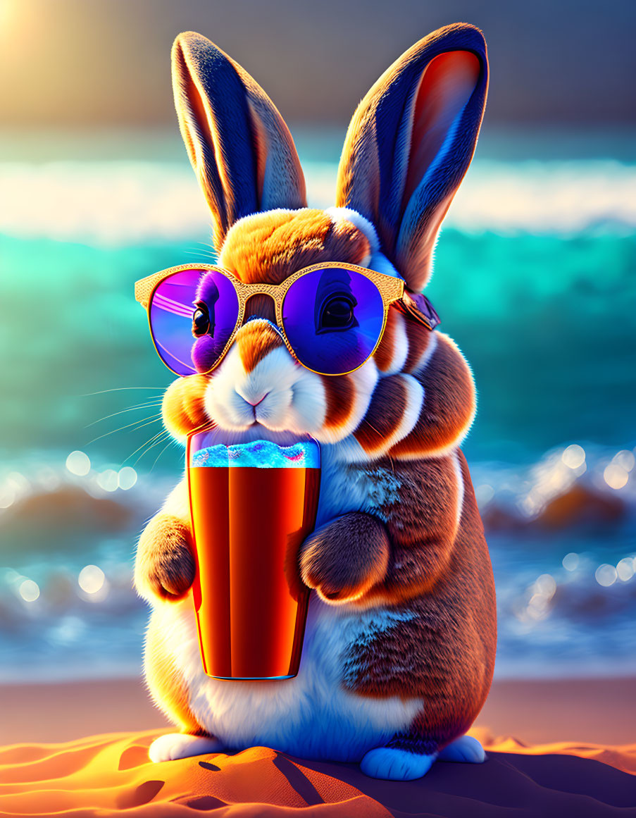 Colorful Sunglasses-Wearing Rabbit Enjoying Drink on Sunny Beach