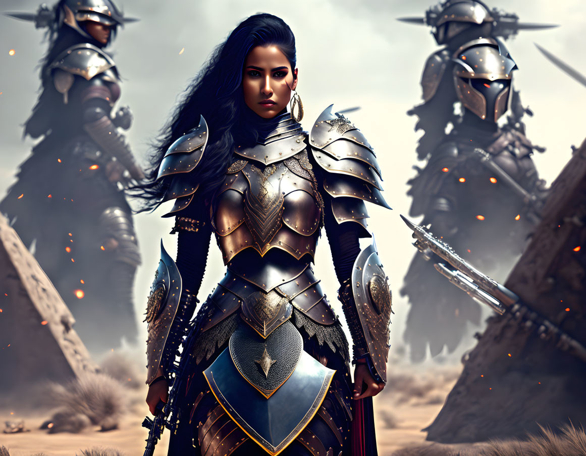 beautiful female warrior, armor, gun
