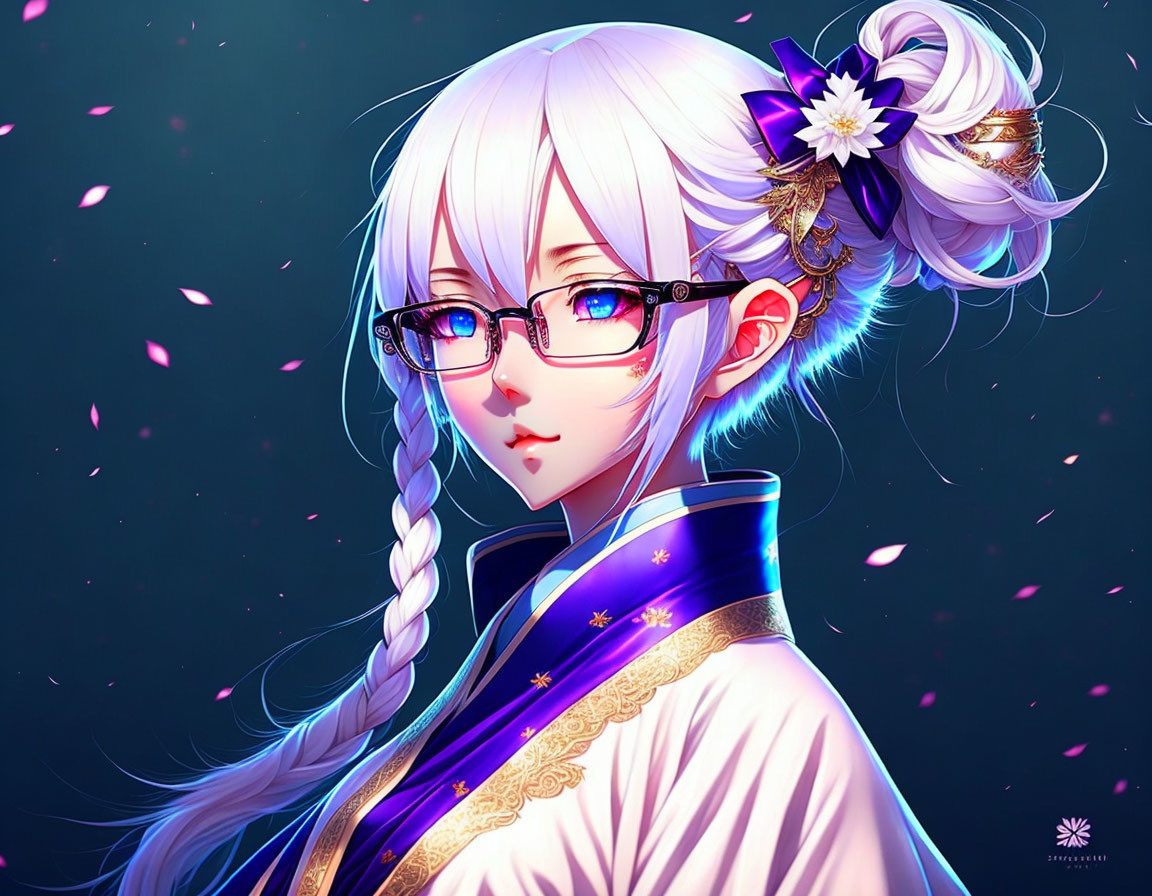 Illustration of female character with white hair, glasses, purple outfit, pink petals, dark backdrop