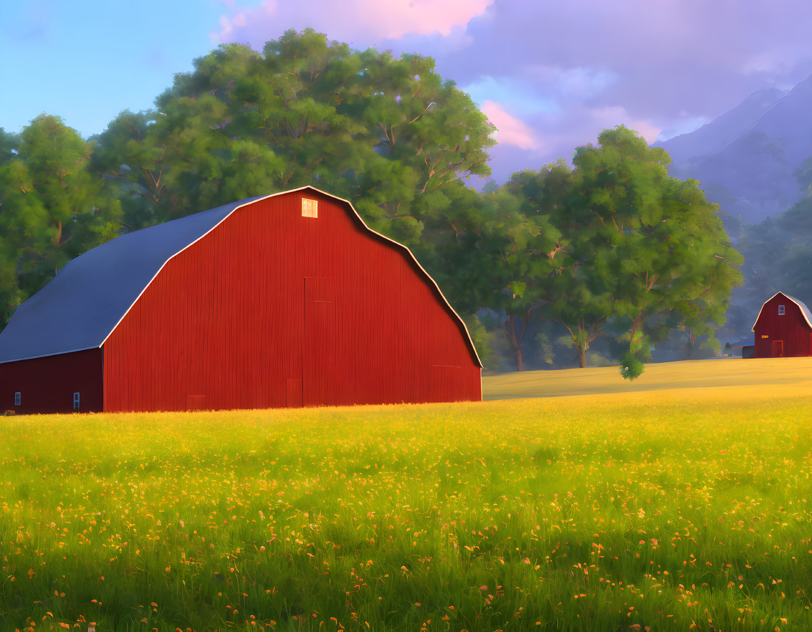 Tranquil countryside landscape with red barn in blooming field at dusk