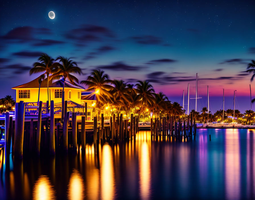 Tropical waterfront at twilight with illuminated buildings and crescent moon