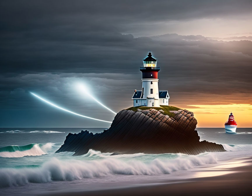 Dramatic dusk sky over rocky lighthouse by turbulent seas