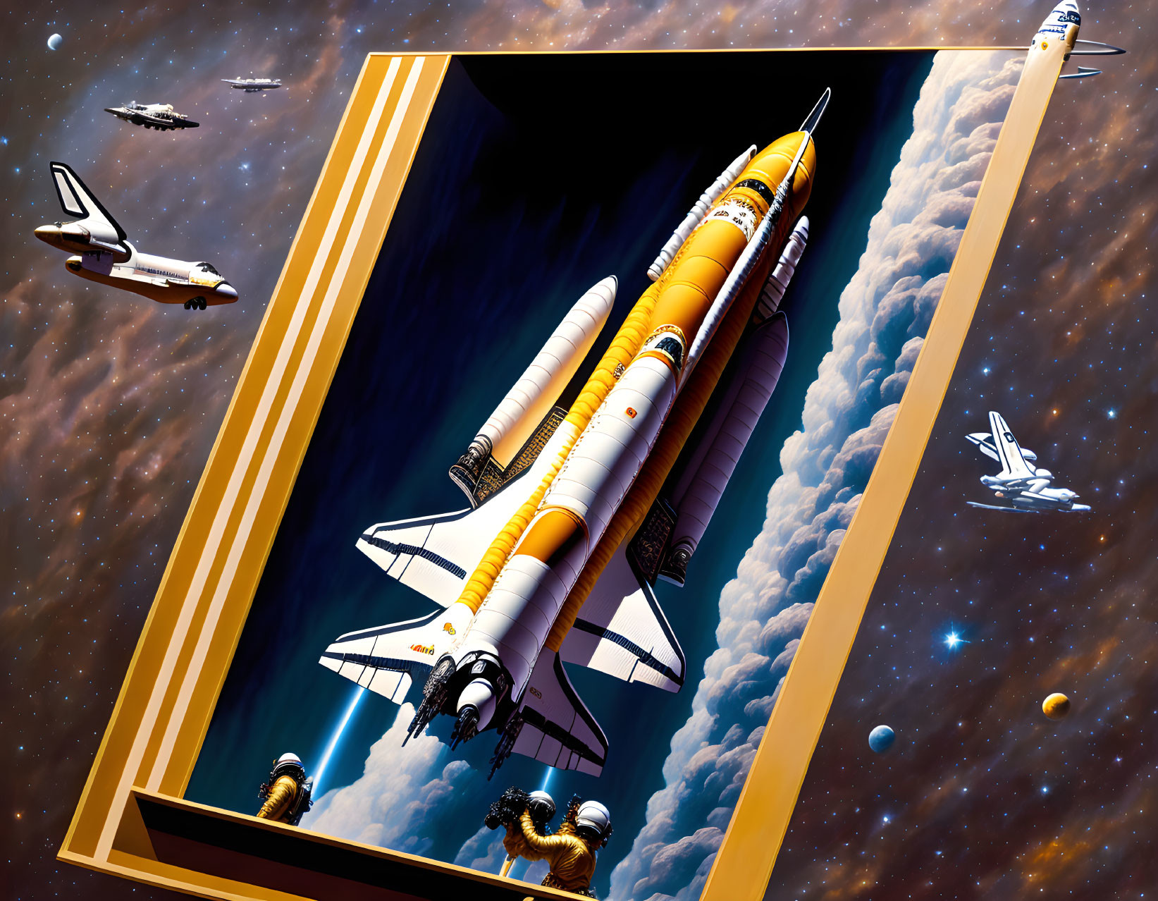 Surreal artwork of space shuttle launch in cosmic scene