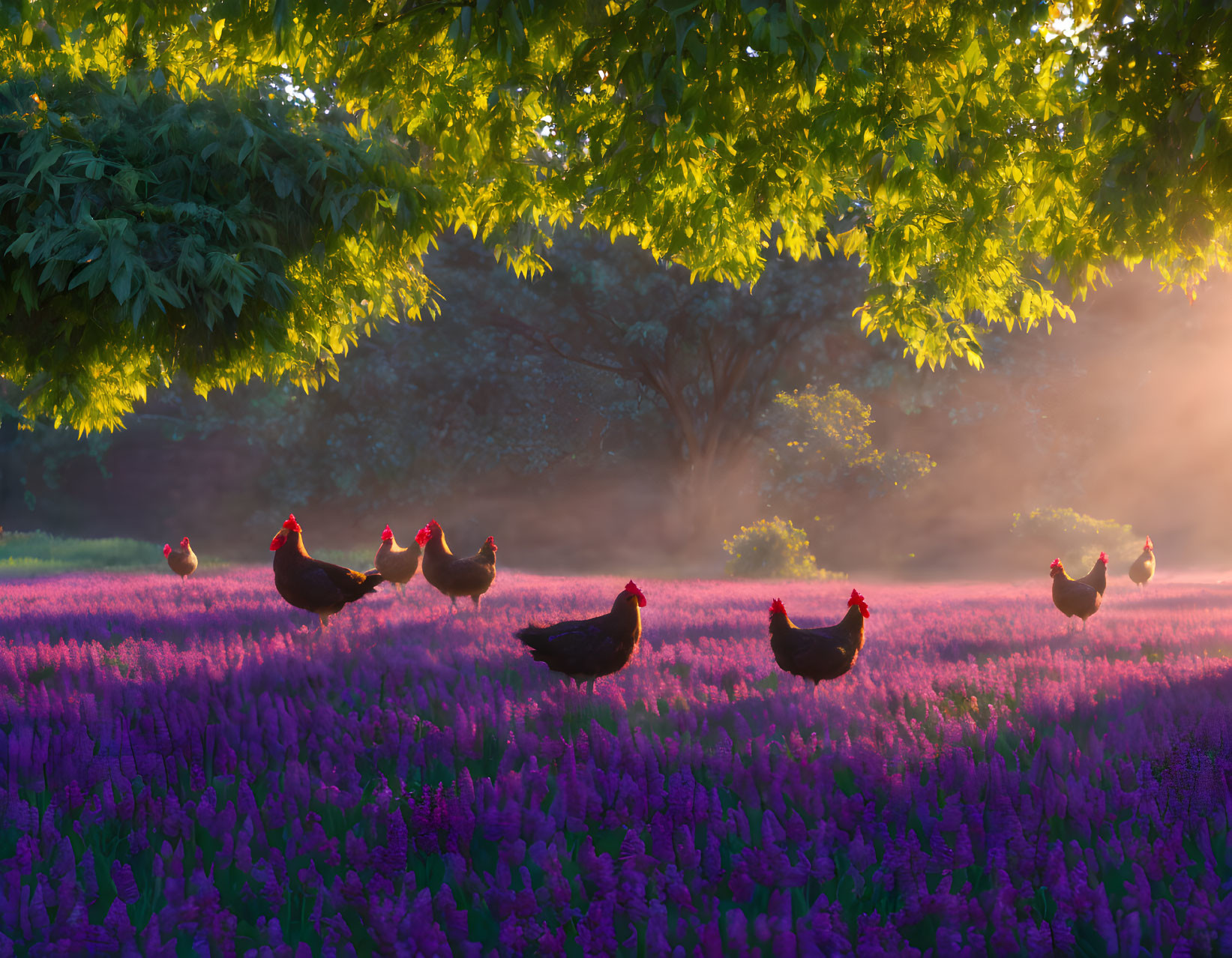 Chickens in Vibrant Purple Lavender Field Under Sunlight