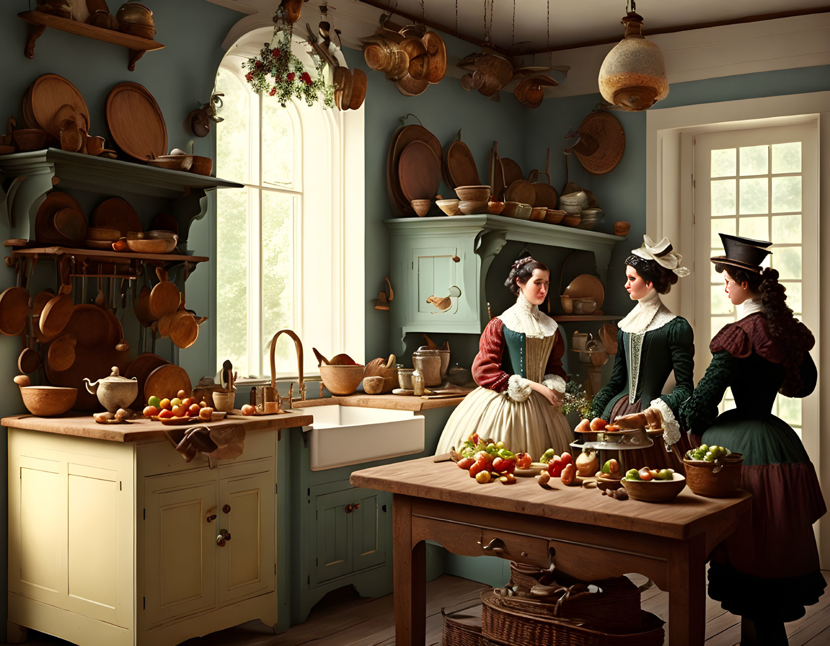 Vintage Attired Women Chat in Rustic Kitchen