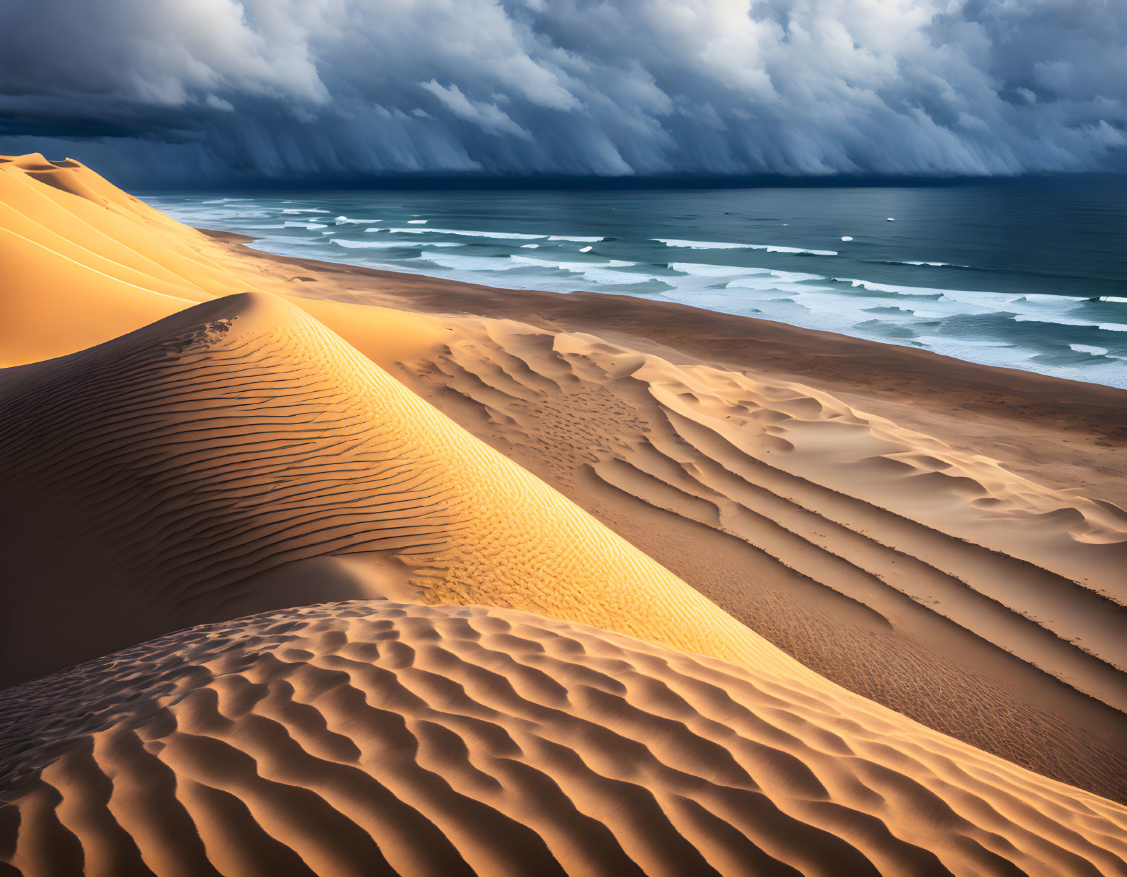Sunlit sand dunes with ripples above stormy sea and dramatic sky