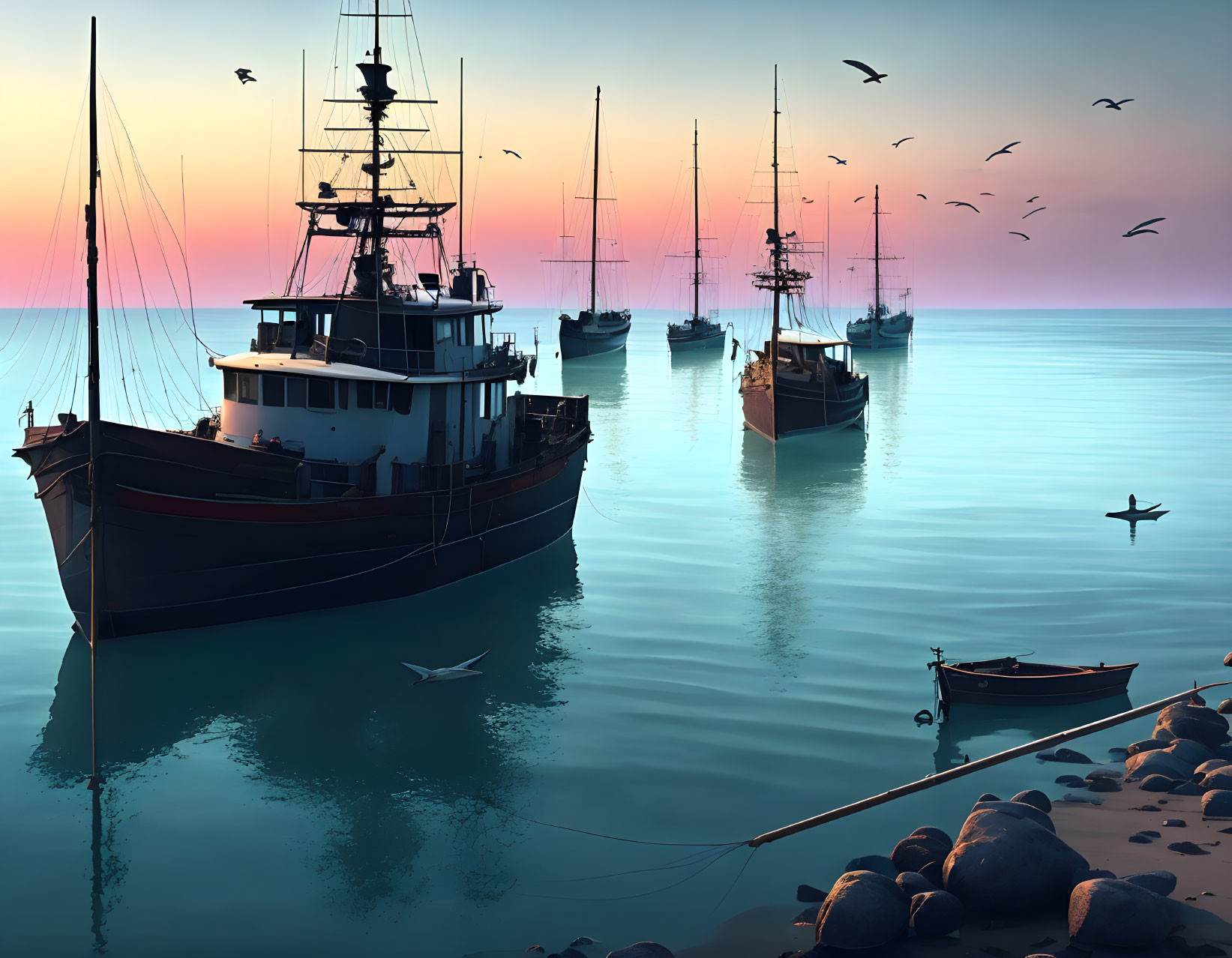 Colorful Dawn/Dusk Sky with Fishing Boats and Seagulls