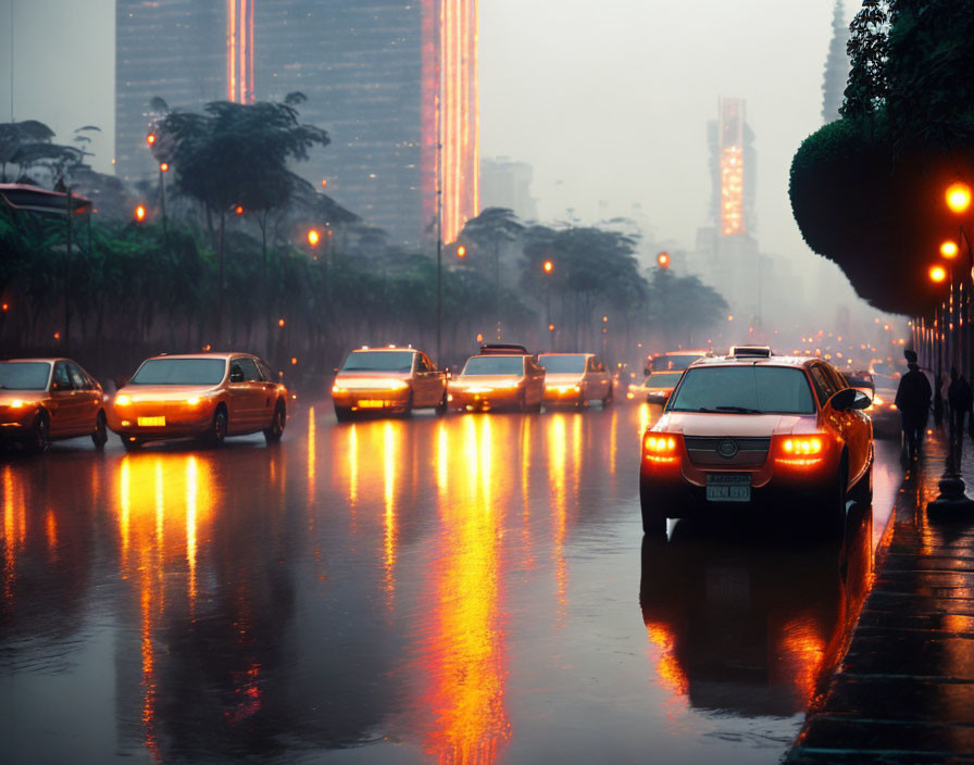 Cityscape: Cars' Headlights on Wet Streets at Dusk