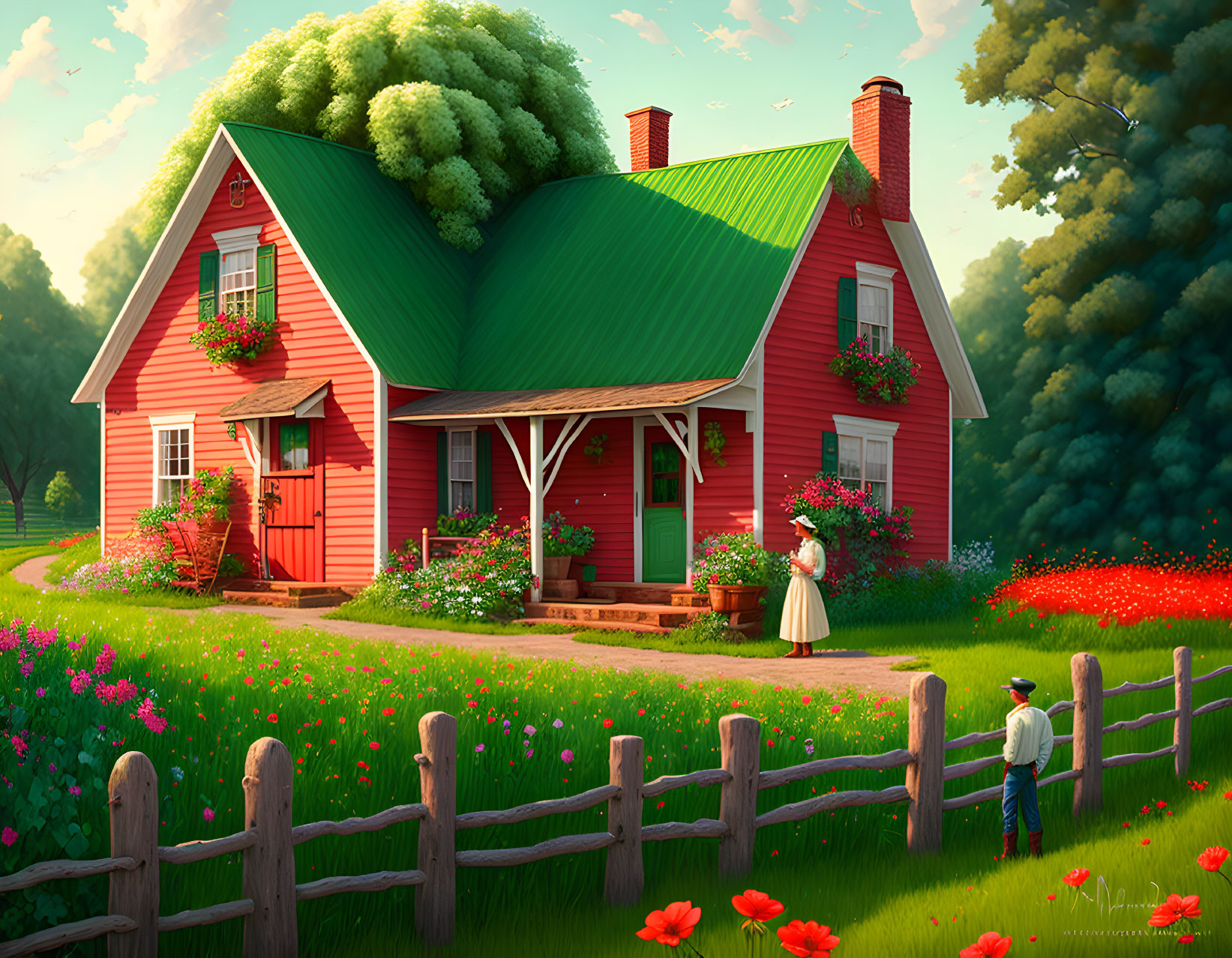 Red cottage with green roof, woman in vintage attire, child by wooden fence
