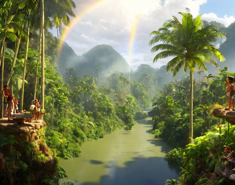 Colorful Jungle Scene with Rainbow, River, and People on Cliffs