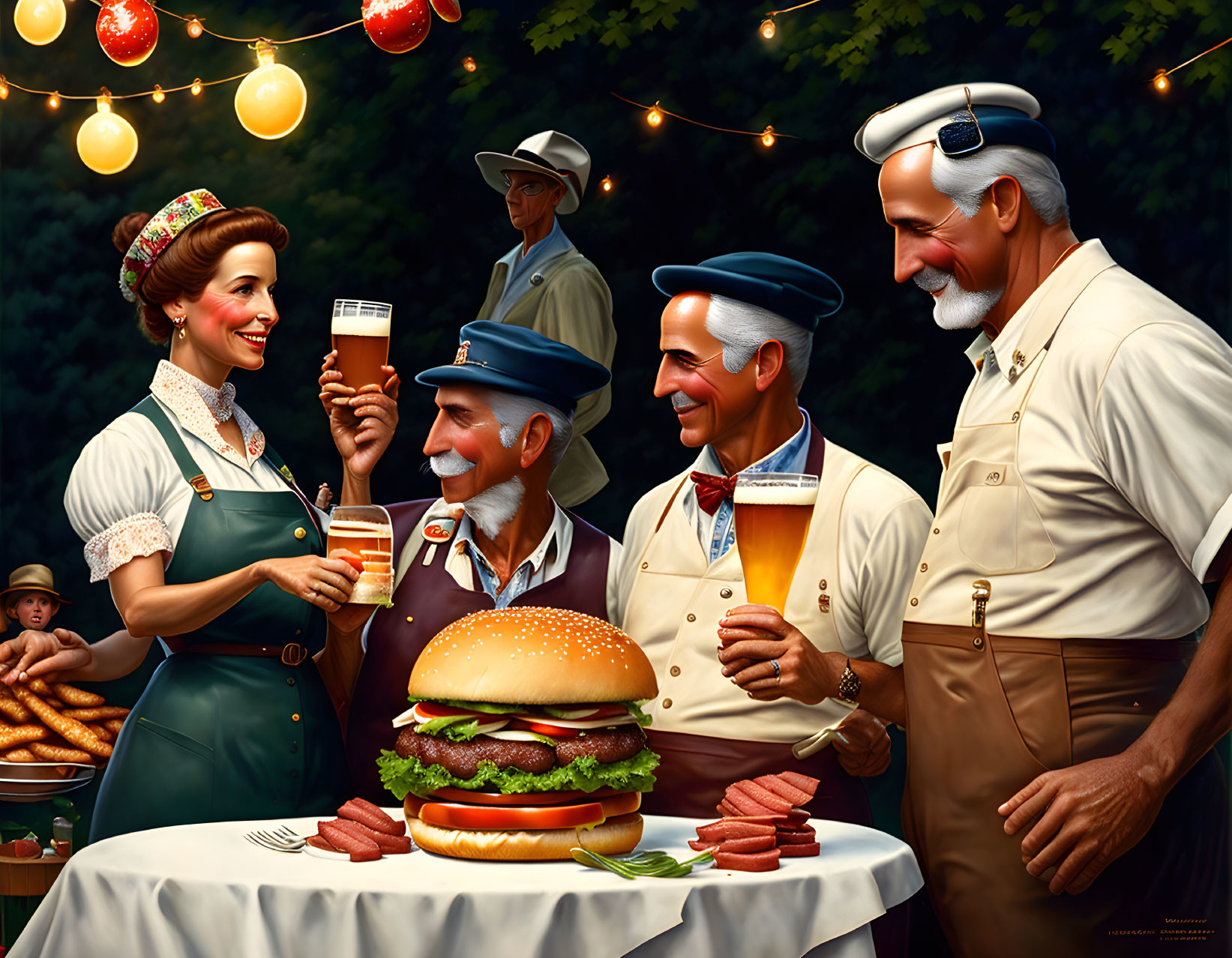 Vintage-inspired illustration of people enjoying a burger with festive lights and a child in the scene