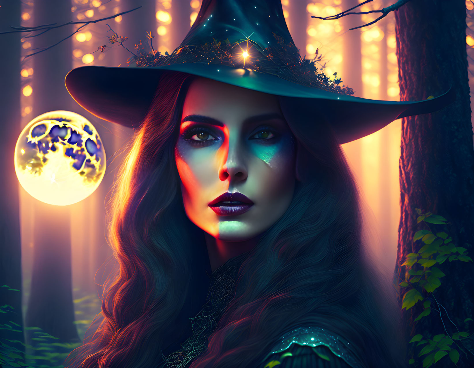 Mystical witch with blue makeup and enchanted hat in forest at night