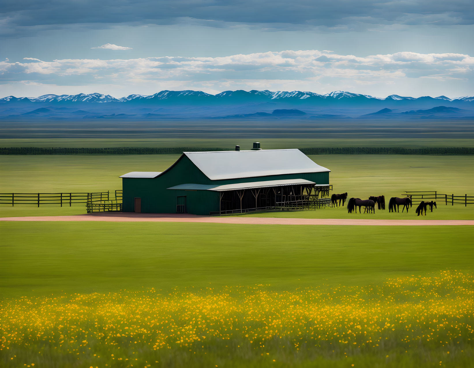 Rural landscape with green barn, horses, and mountain range