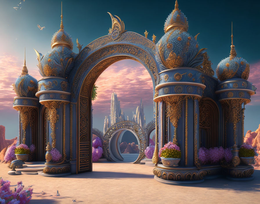 Ornate Golden and Blue Fantasy Archway Leading to Castle in Surreal Pink Landscape