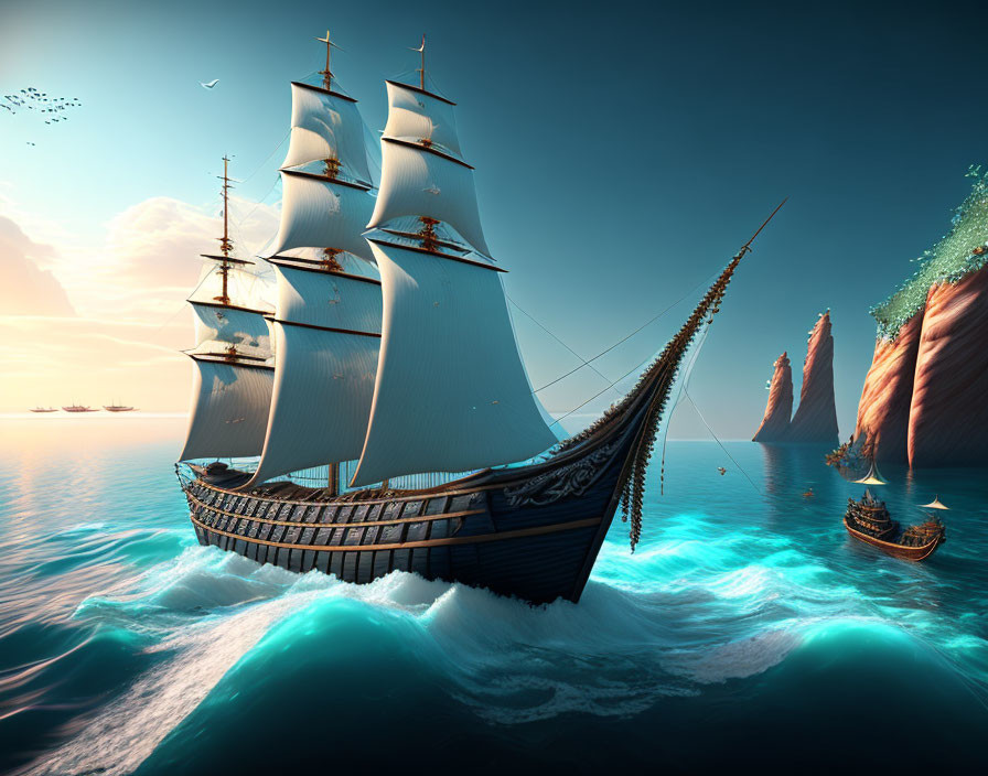 Majestic sailing ship on shimmering ocean with rocky cliffs and blue sky