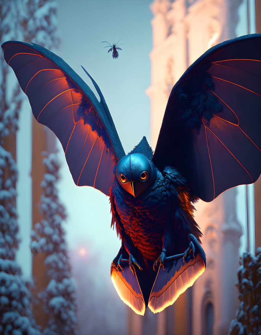 Stylized illustration of menacing crow and tiny insect in snowy, gothic setting