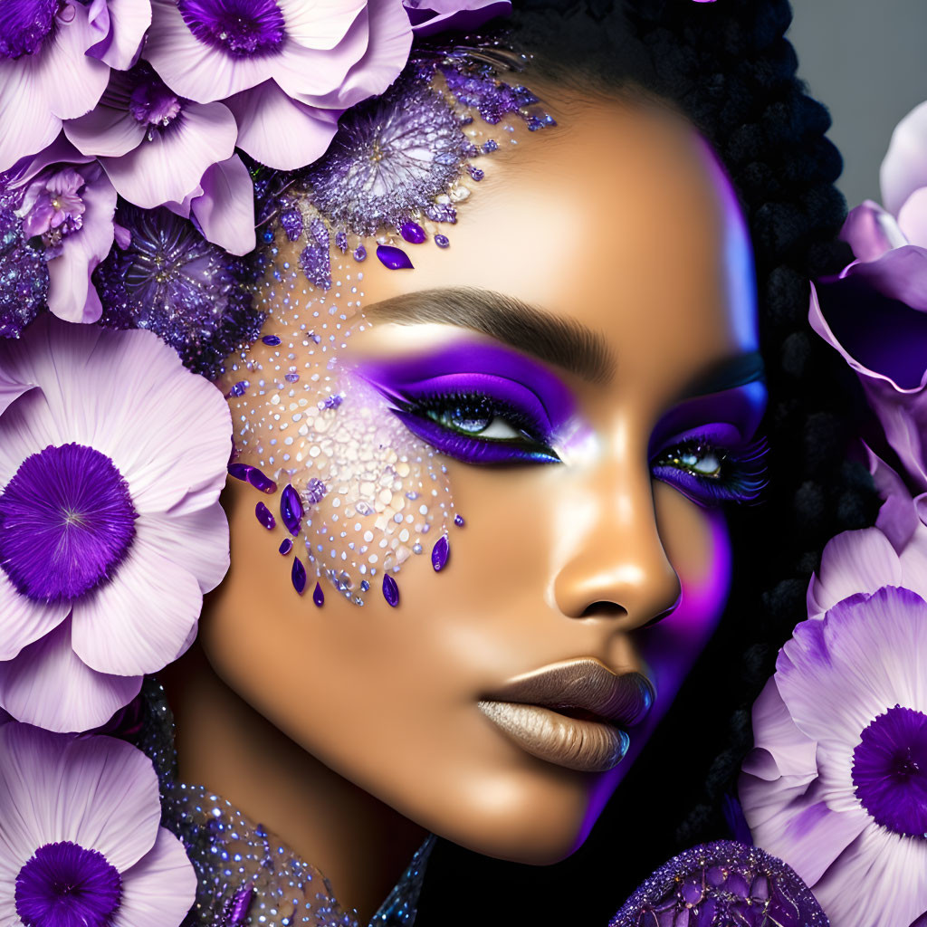 Digital artwork: Woman with violet makeup, flowers, gemstones