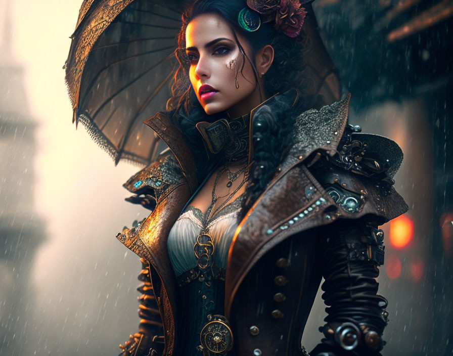 Victorian-inspired steampunk woman with lace umbrella in rainy scene