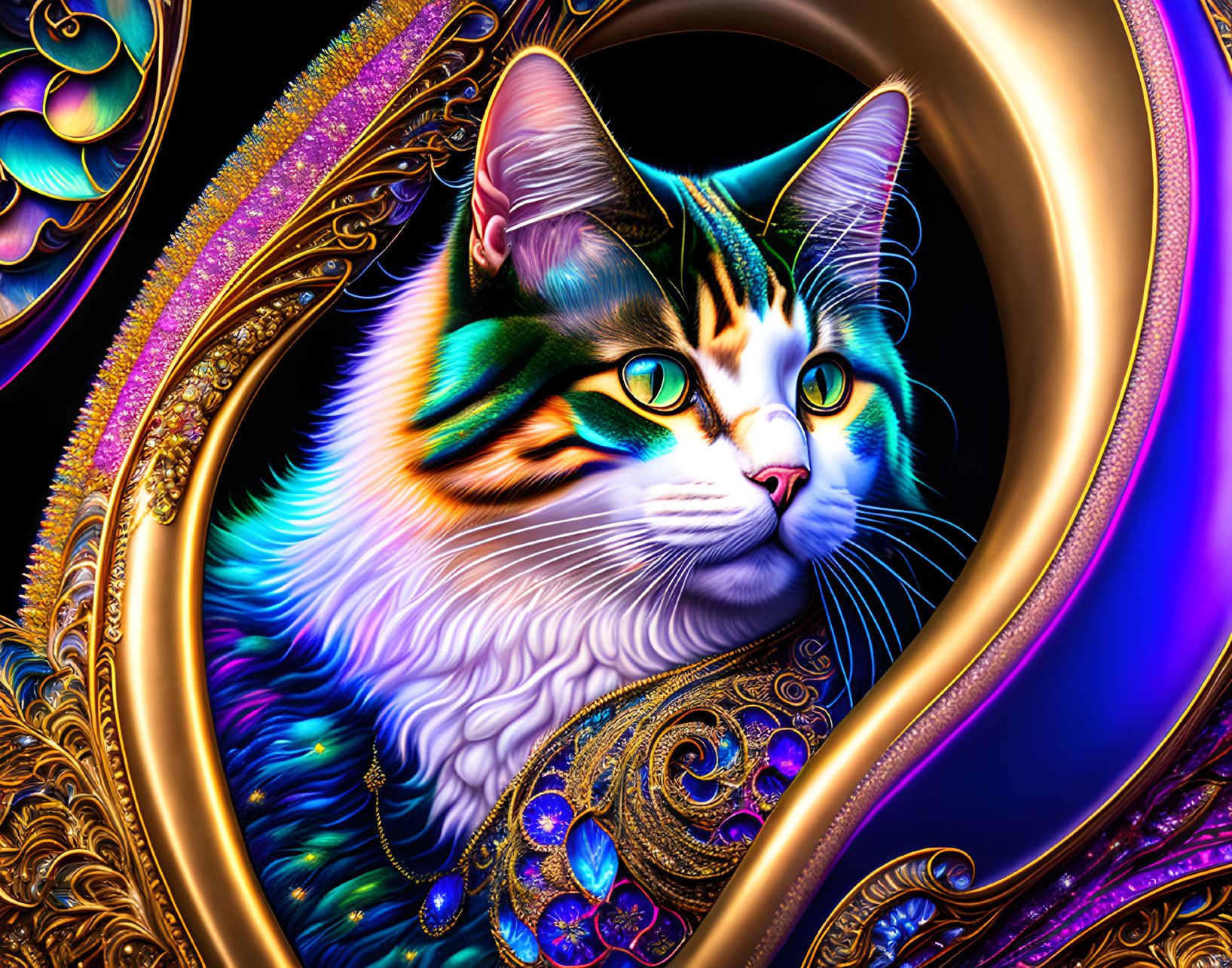 Colorful Digital Artwork: Multicolored Cat with Intricate Patterns and Glowing Eyes on Orn