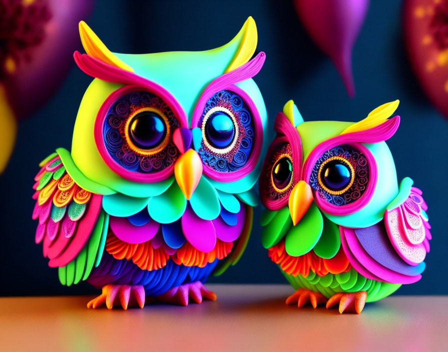 Colorful Stylized Owl Figurines with Large Eyes and Intricate Patterns on Dark Background
