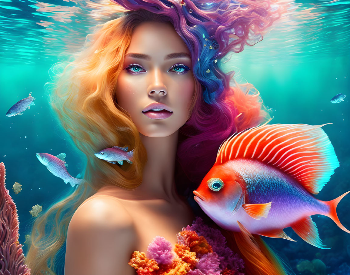 Colorful underwater scene with woman, fish, and coral.