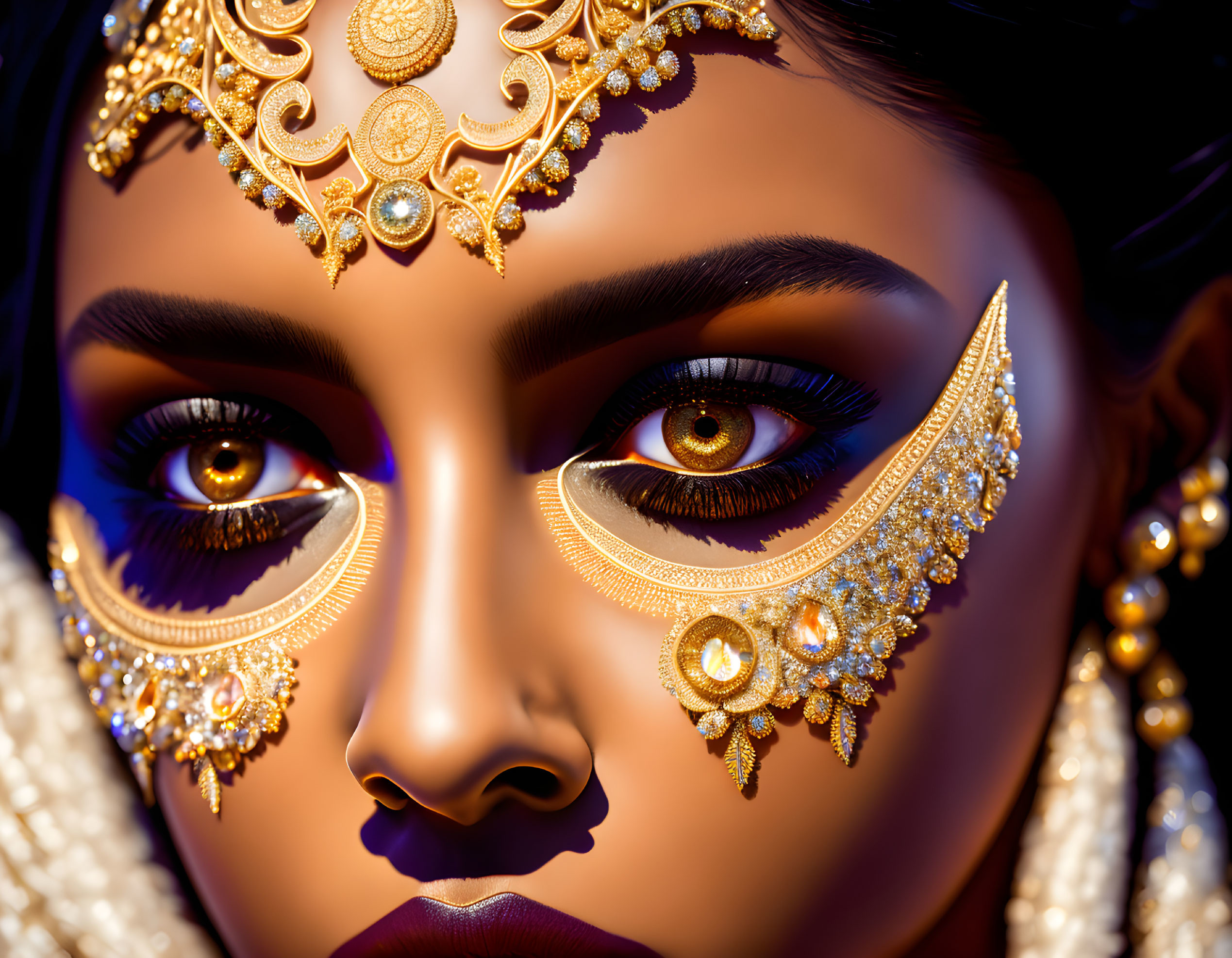 Detailed Golden Eye Makeup with Intricate Designs and Jewels