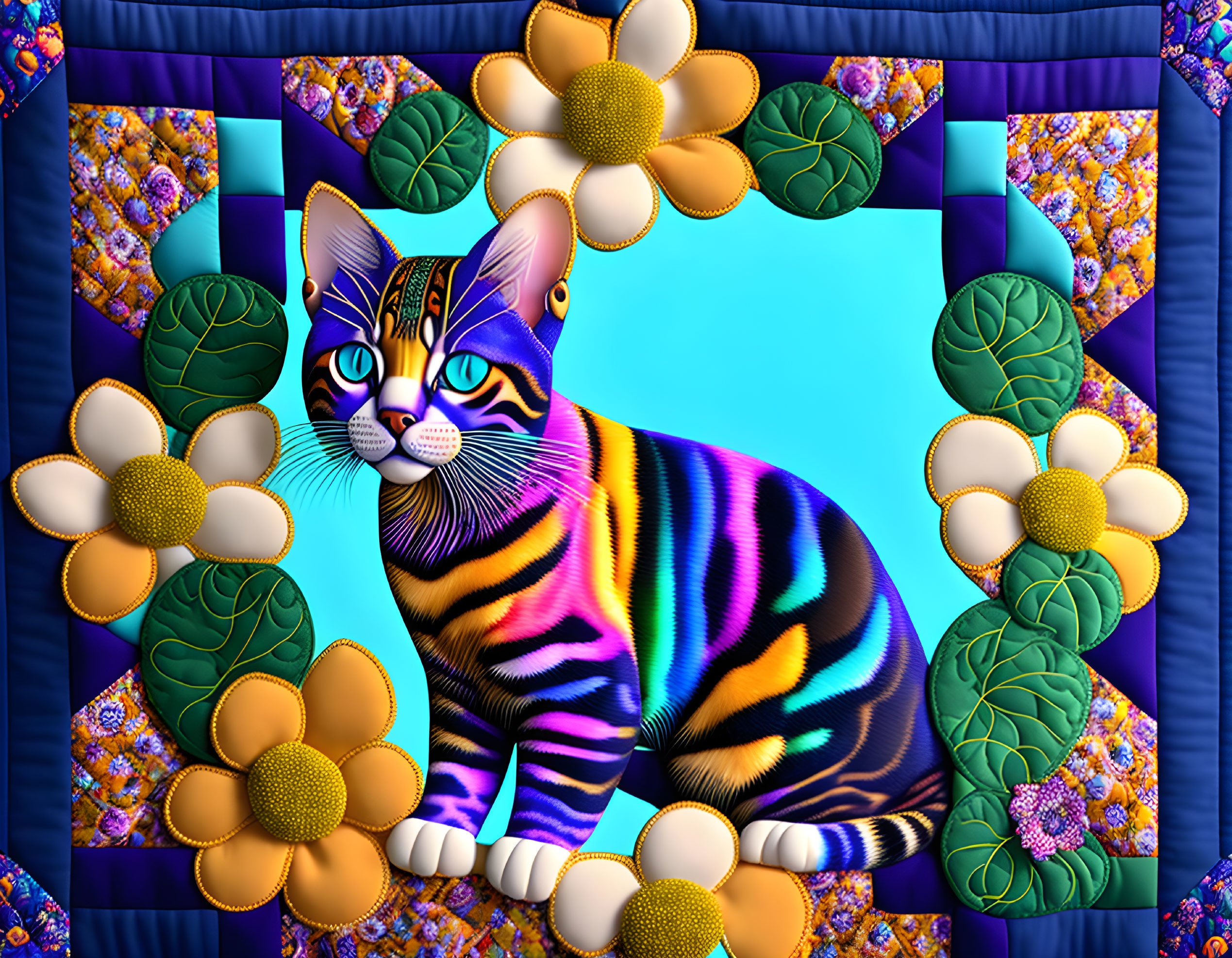 Colorful Striped Cat Art with Psychedelic Patterns and Floral Surroundings