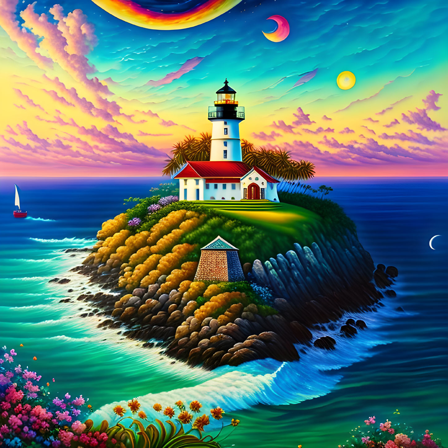 Colorful Fantasy Landscape with Lighthouse, Celestial Sky, Ocean, and Vegetation