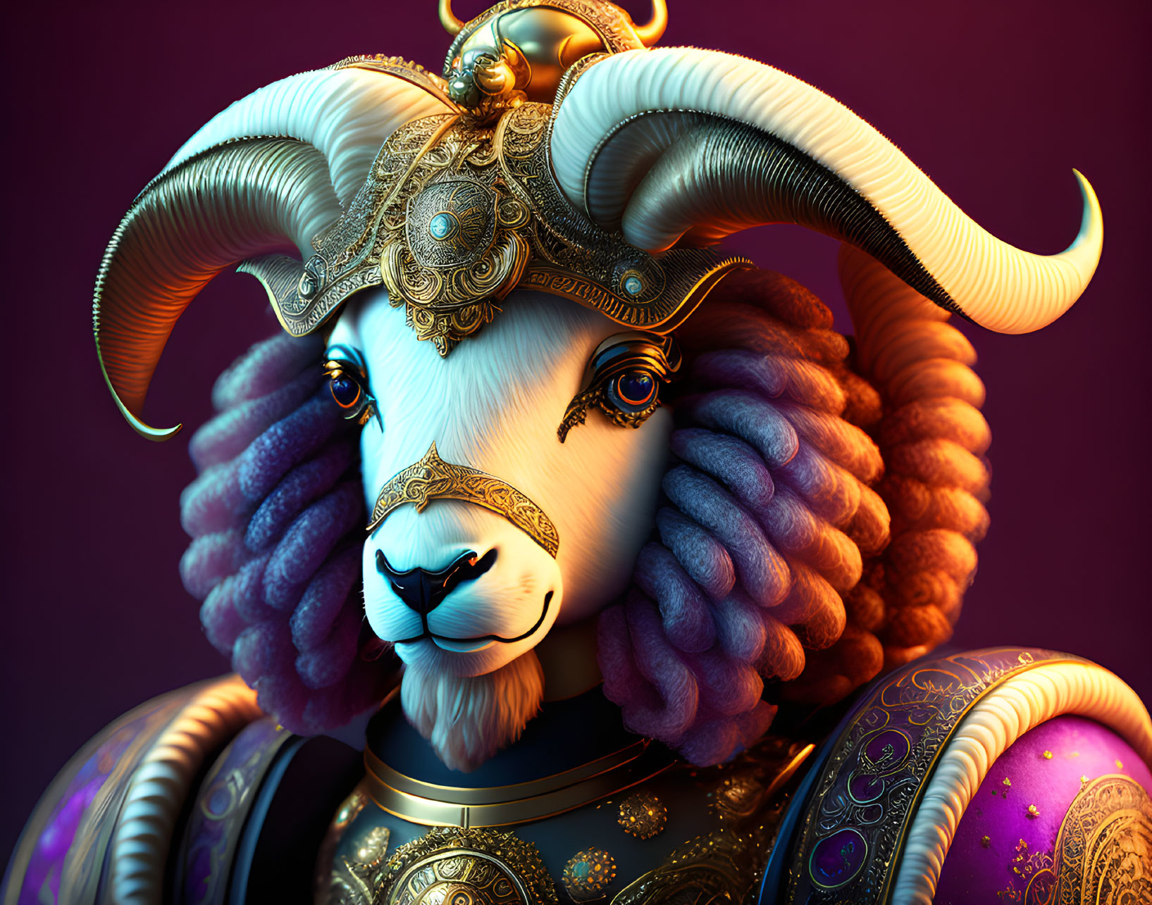 Golden-embellished armored ram with curly fleece on purple background