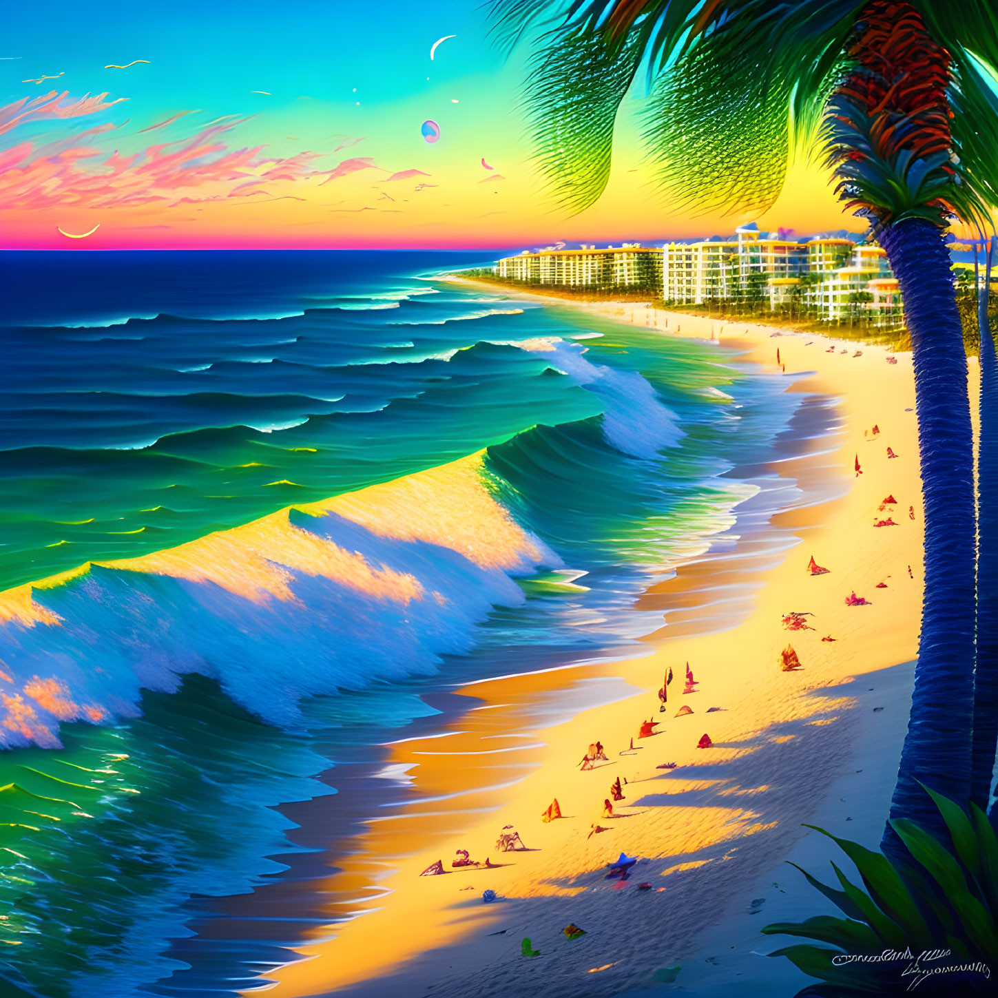 Vibrant beach scene with palm tree, rolling waves, people, buildings, and colorful sunset sky