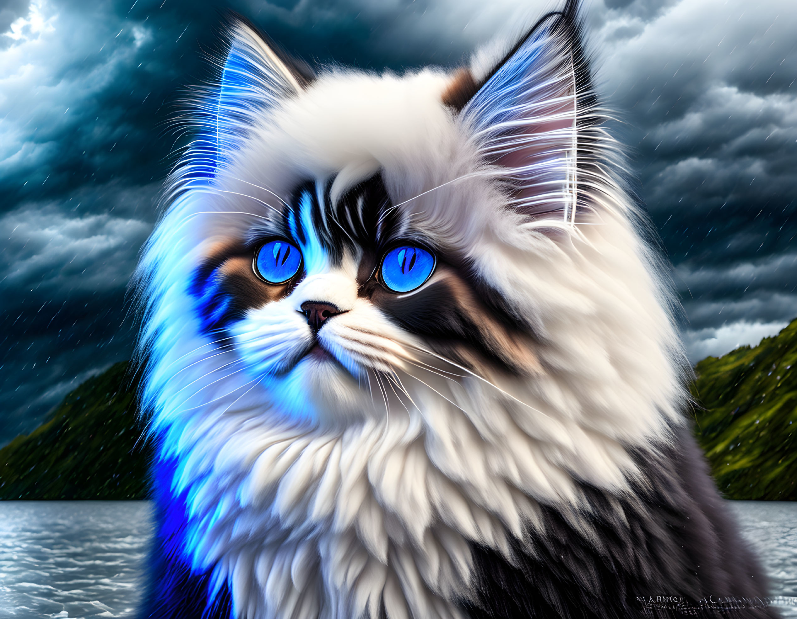 Stylized cat illustration with blue eyes and dramatic backdrop