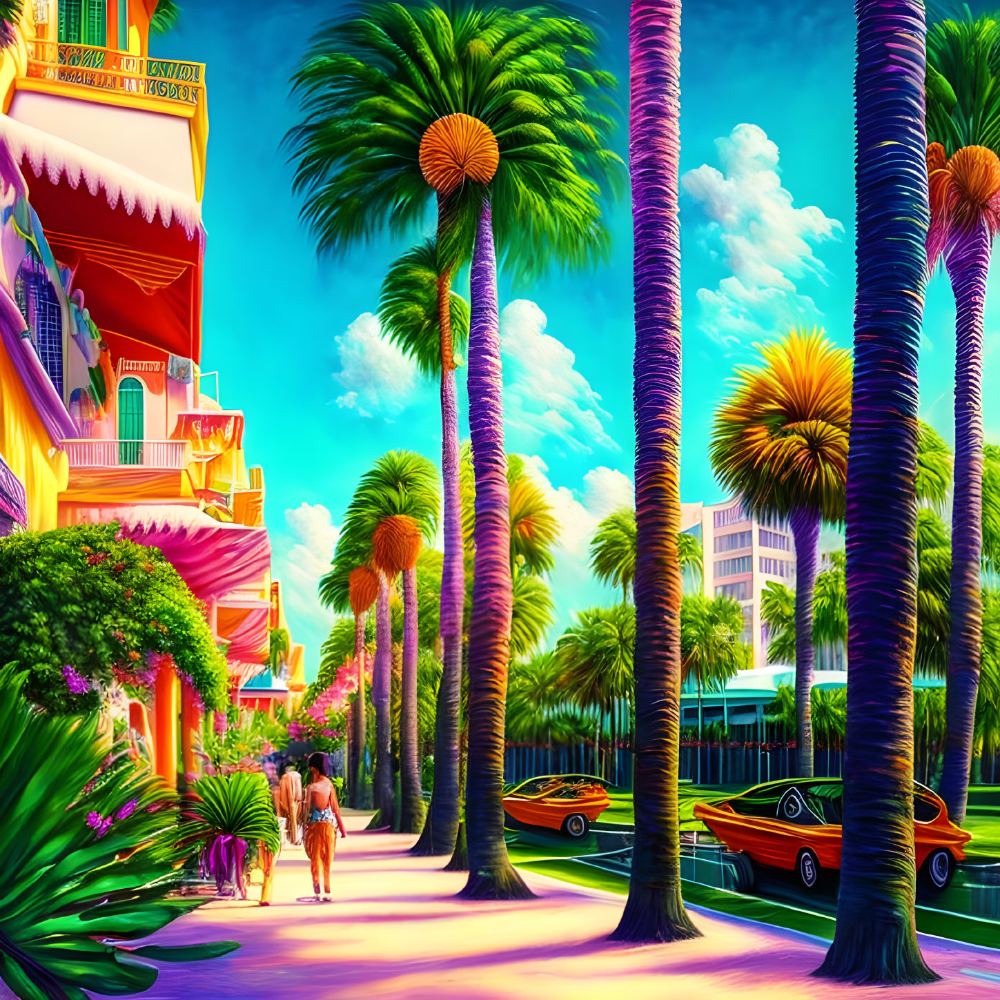 Colorful street scene with palm trees, buildings, cars, and couple walking hand in hand