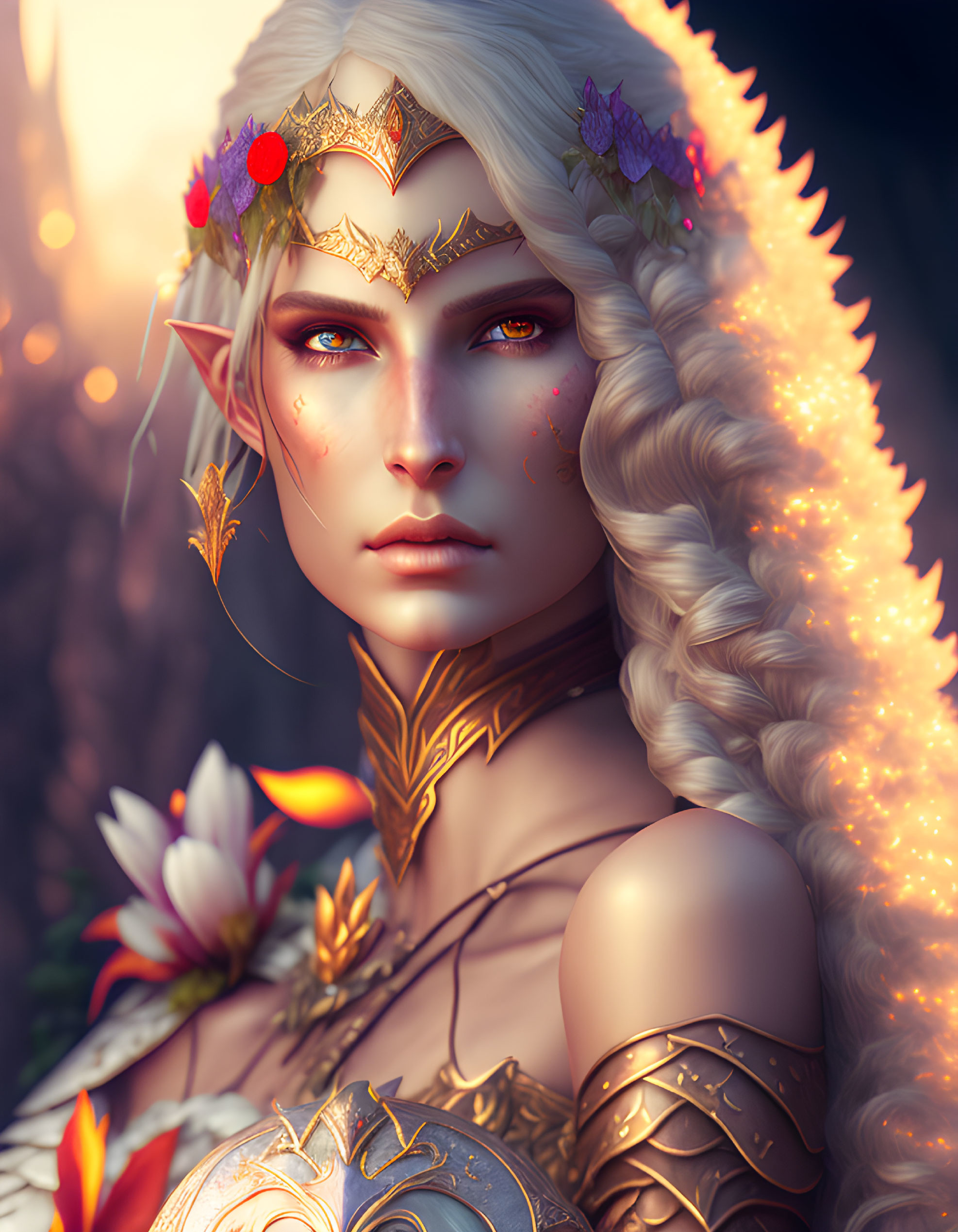 Fantasy elf portrait in golden armor, glowing hair, and floral adornments